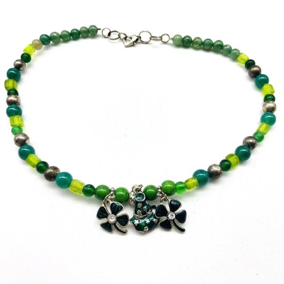 St Patrick Theme Necklace Silver Tone Enamel Charms Shamrock Leprechaun Hat - Picture 1 of 7